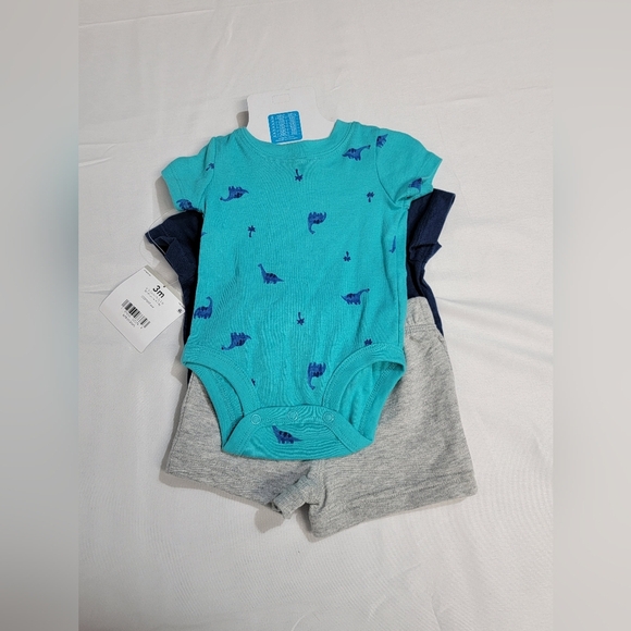 Carter's 3 Piece Blue and Teal Dinosaur Matching Set Size Infant 0-3 Month - Picture 4 of 6